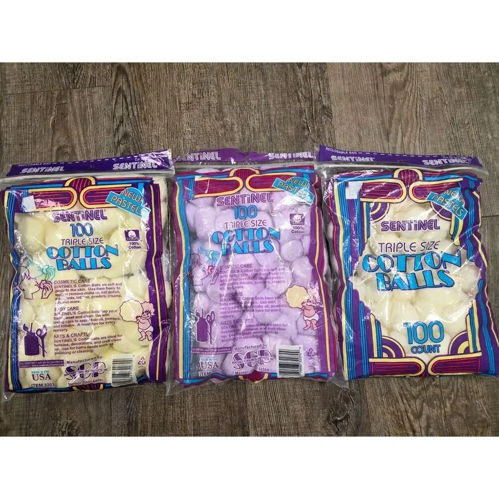 Sentinel Pastel Cotton Balls Triple Size Vintage Made in USA Purple Yellow